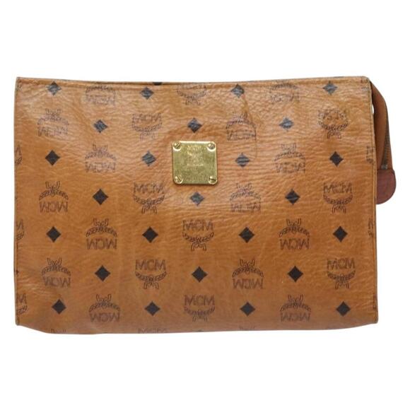 MCM Logogram Vicetos Clutch Bag PVC Leather Brown Gold Auth bs28761